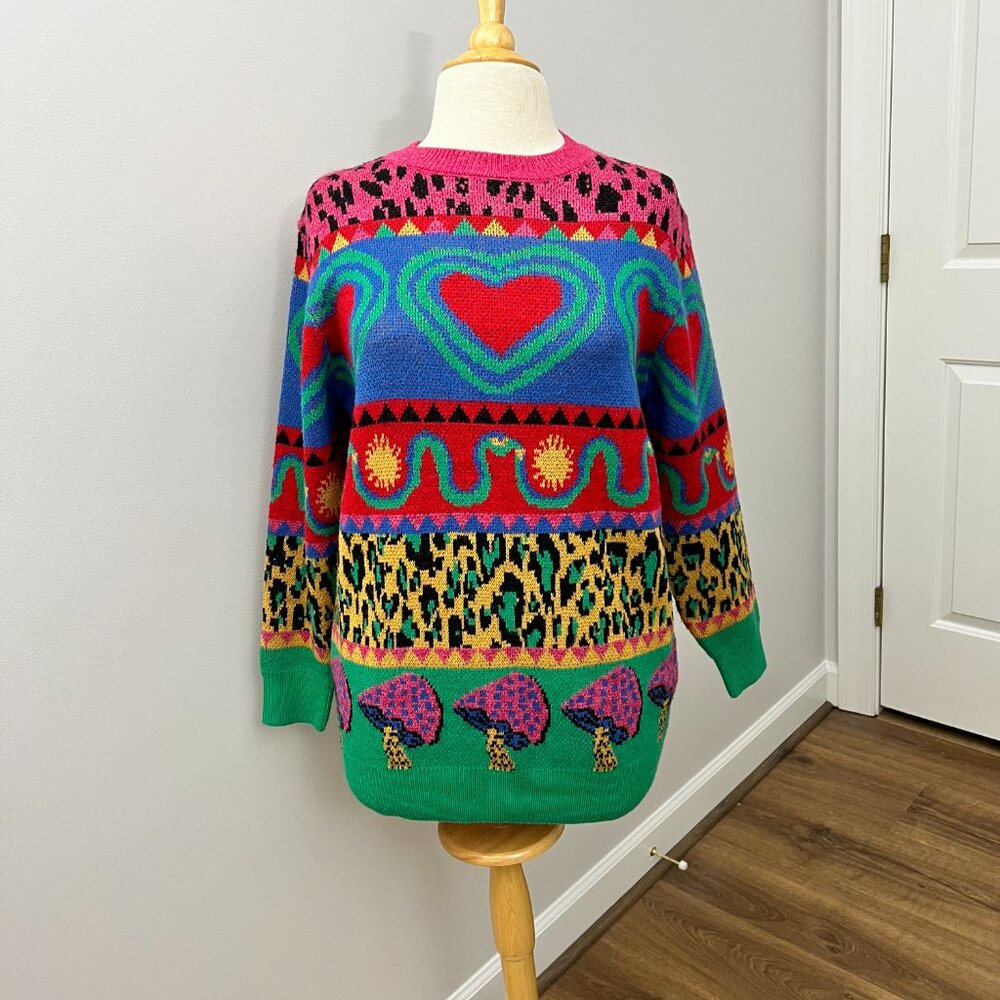 Farm Rio Graphic Elements Ainika Sweater Colorful Print Wool Blend XS